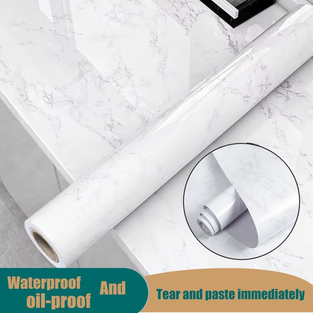 Selbstklebende Tapete mit Marmormuster von ctzsoop in Weiß, wasserdichte PVC Wanddekoration, Breite: 40 cm - Bild 1