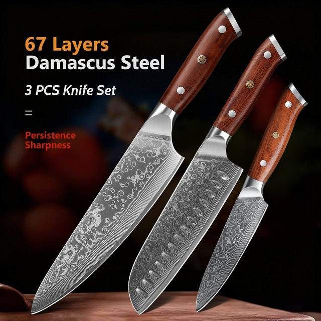 Baovim 3-teiliges Kochmesser-Set aus 67-lagigem Damaststahl mit Palisandergriff und VG10 Klinge - Bild 1