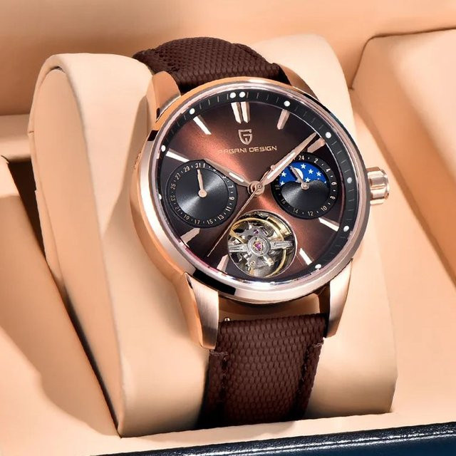 Pagani Design Armbanduhr, Automatik, Mondphase, Saphirglas, Leder, Herren - Bild 1