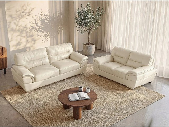 Vente-unique Couchgarnitur Thibault in Elfenbein mit Rindsleder und Kunstleder, B/T/H: 210 x 168 cm - Bild 1