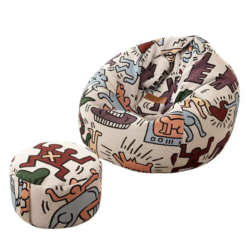 OTAUTAU Sitzsackbezug aus weichem Graffiti-Samt in Multicolour, runder Eckhocker Pouf im Boho-Stil, Durchmesser: 100 cm - Bild 7