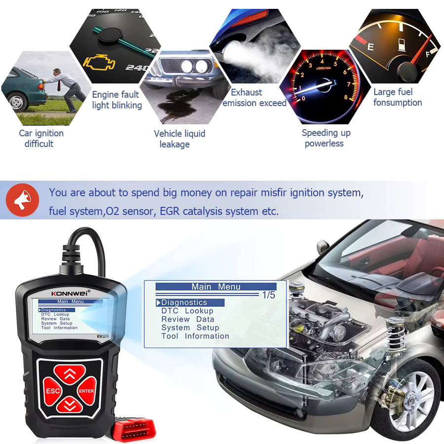 KONNWEI KW309 OBD2 Auto Diagnose Scanner in Schwarz zum Lesen und Löschen von Fehlercodes mit Live-Datenfunktion - Bild 2