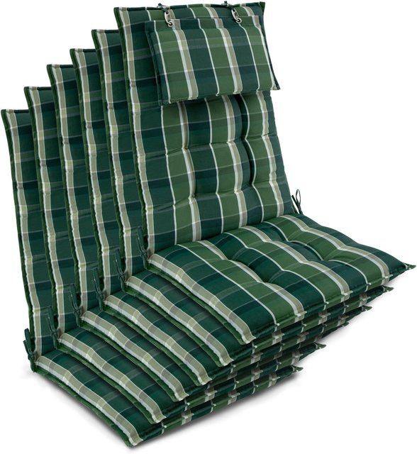 Beautissu 6er Set Sun-HL Hochlehner Auflagen Grün-Kariert, B/T/H: 120 x 50 x 8 cm - Bild 1