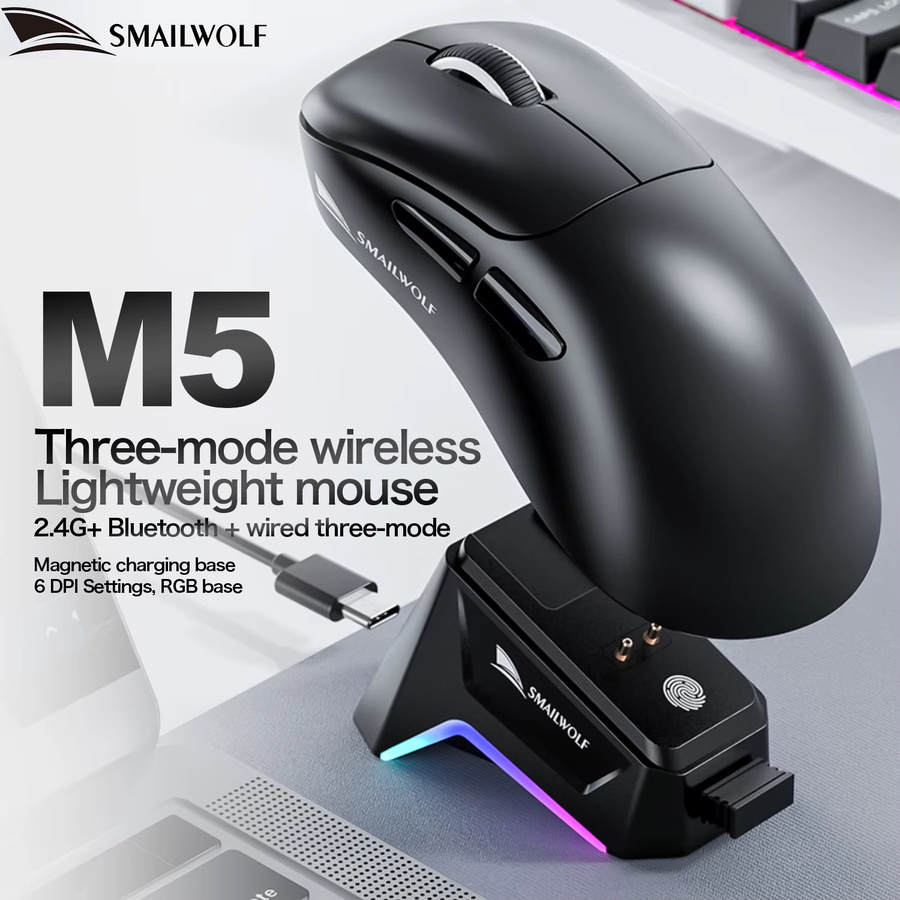 SMAILWOLF M5 Drahtlose Bluetooth-E-Sport-Maus mit PAW3311 Sensor, RGB-Beleuchtung und magnetischem Laden, Schwarz - Bild 2