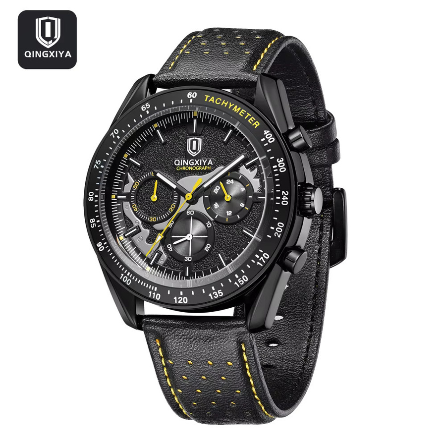 QINGXIYA Chronograph, Quarzuhr, Leder, Schwarz, Herren - Bild 4