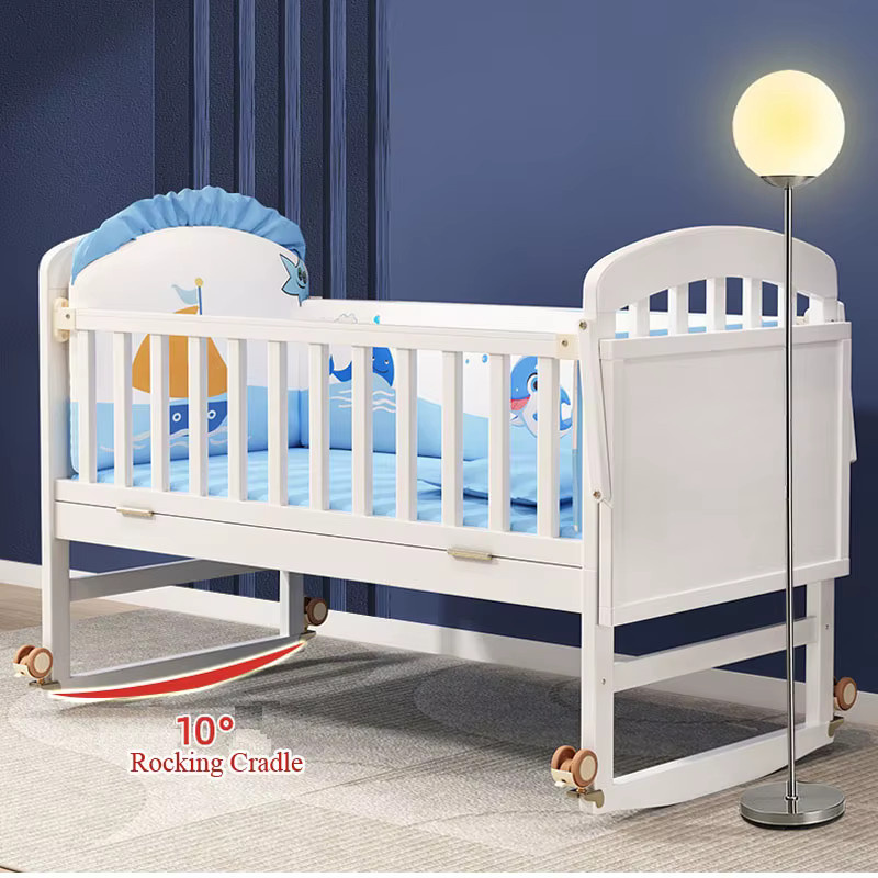 Komplettset für Babybetten aus weißem Holz mit Schaukelfunktion inklusive Moskitonetz, Bettwäsche und Naturlatex-Matratze - Bild 4