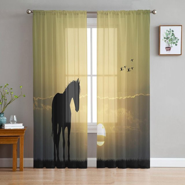 Transluzente Tüll Vorhänge mit Pferd und Schneeszene, Organza Gardine für Schlafzimmer und Wohnzimmer, B: 100 cm, H: 250 cm - Bild 1