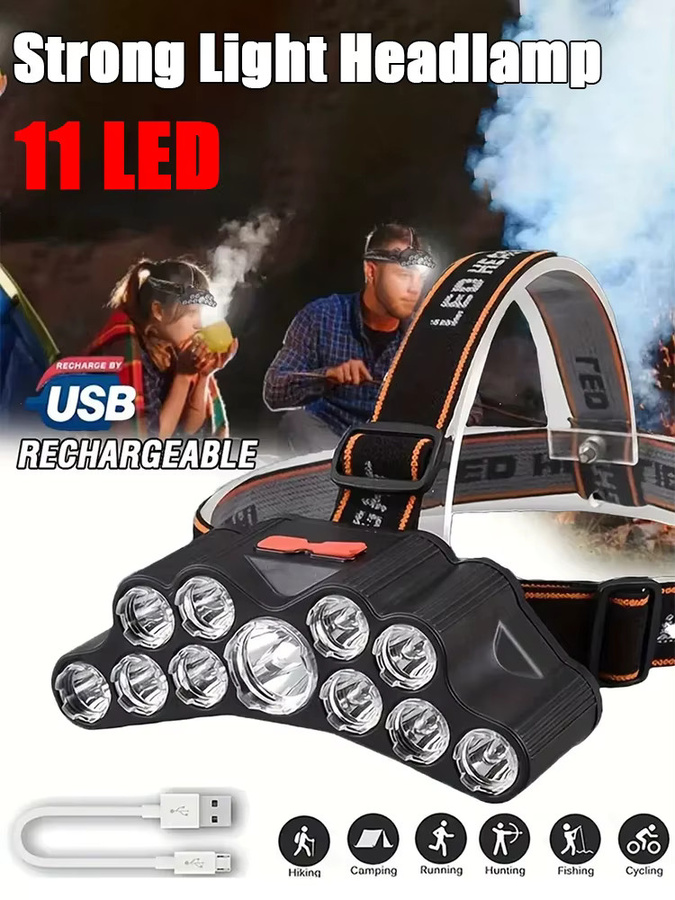 Heinast LED Stirnlampe mit 11 LEDs, USB wiederaufladbar, IPX4 wasserdicht, Schwarz - Bild 6