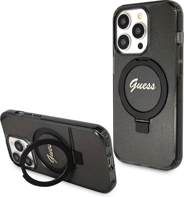Guess MagSafe Hülle für Apple iPhone 15 Pro mit IML Ring Stand Glitter in Schwarz - Bild 1