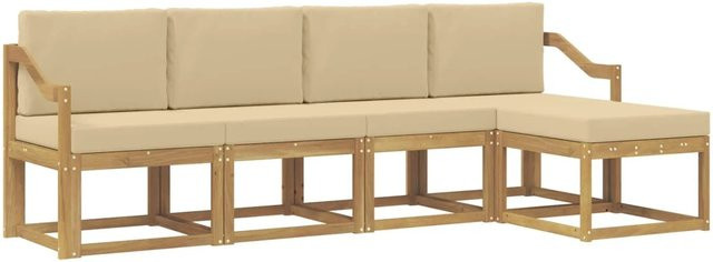vidaXL Outdoor-Sofagarnitur L-Form aus Akazienholz mit Kissen in Weiß und Beige - Bild 1