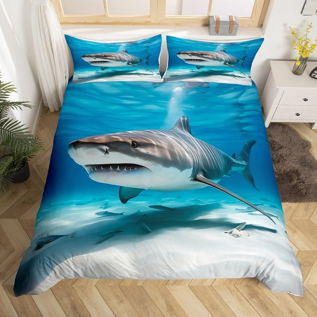 Binchi Outdoor Product Hai-Bettwäsche-Set mit Cartoon-Hai-Motiv in Blau-Weiß, Material Mikrofaser, Breite: 140 cm, Länge: 210 cm - Bild 1