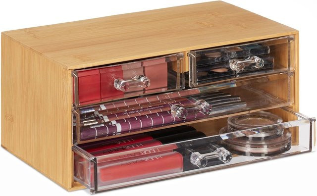 Relaxdays Make Up Organizer aus Bambus in Natur mit 4 transparenten Schubladen, B/T/H: 23,5 x 11 x 15 cm - Bild 1
