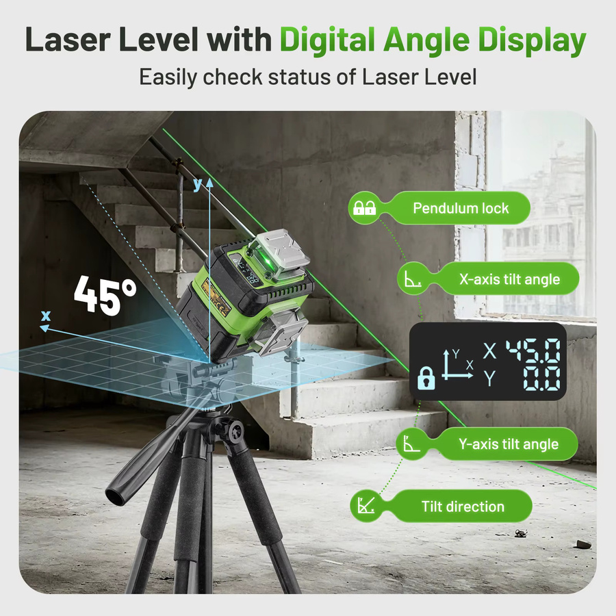 Huepar Y04CG 4D Kreuzlinienlaser mit grüner Laserlinie, digitaler Winkelanzeige und wiederaufladbarem Li-Ionen-Akku - Bild 2