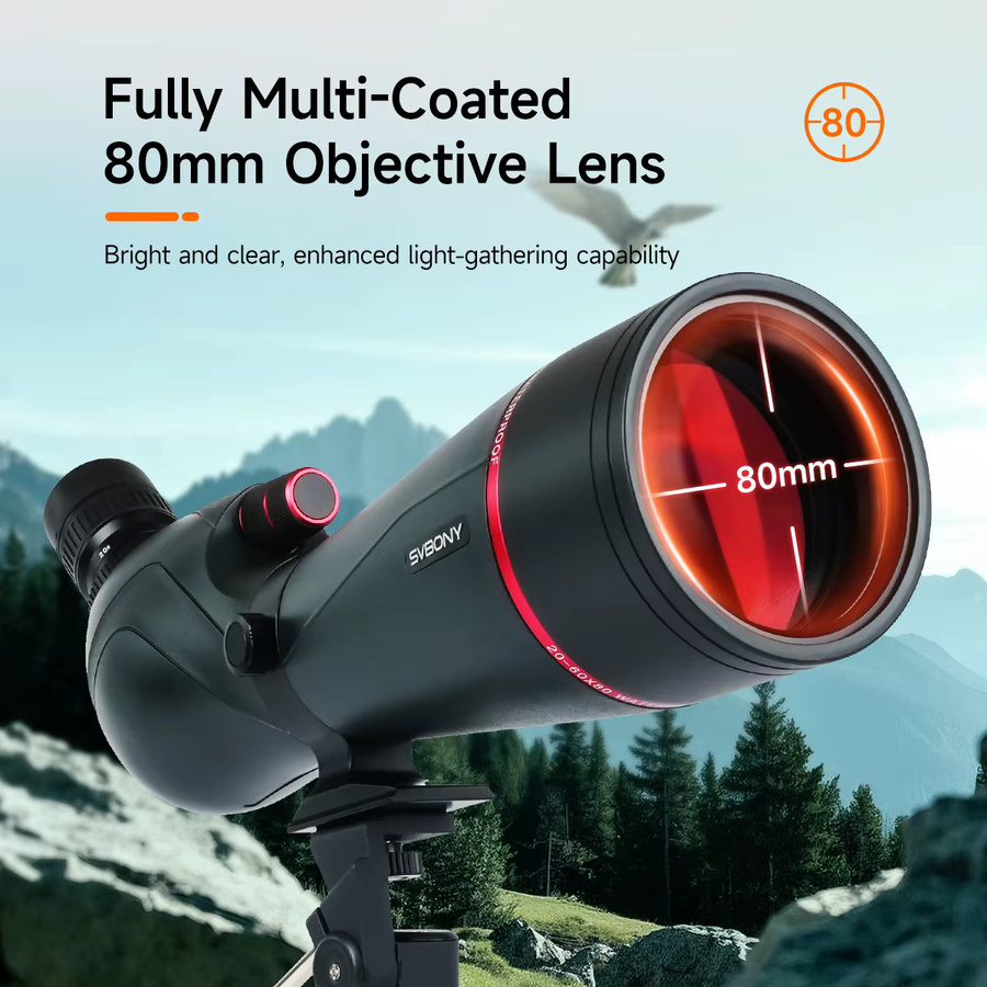 SVBONY SV406 Spektiv in Schwarz mit 20–60x Zoom und 80 mm Objektivdurchmesser, wasserdicht und beschlagfrei mit FMC-Beschichtung für die Naturbeobachtung - Bild 2