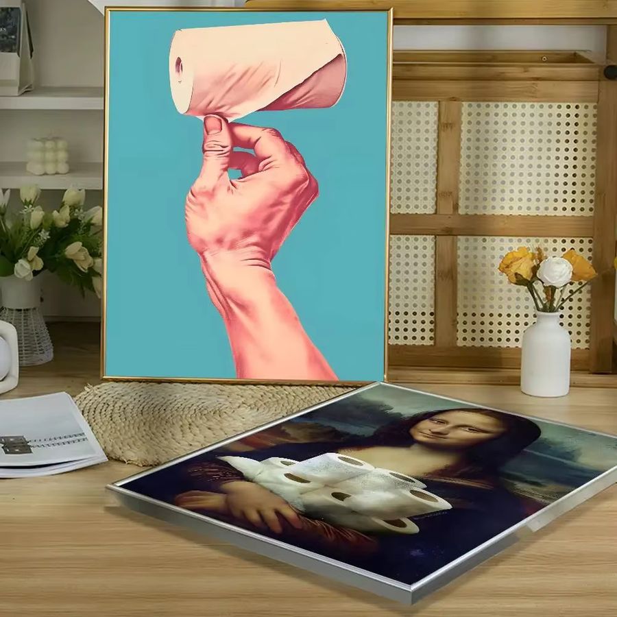 Wasserfester selbstklebender Wandaufkleber Mona Lisa mit Perlen und Toilettenpapier für das Badezimmer - Bild 5
