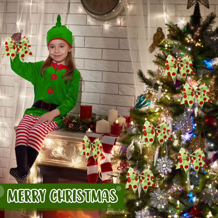 8er Set Weihnachtsdekoration mit Polka Dot Schleifen in Rot und Grün für Baum, Geschenkboxen und Girlanden - Bild 5