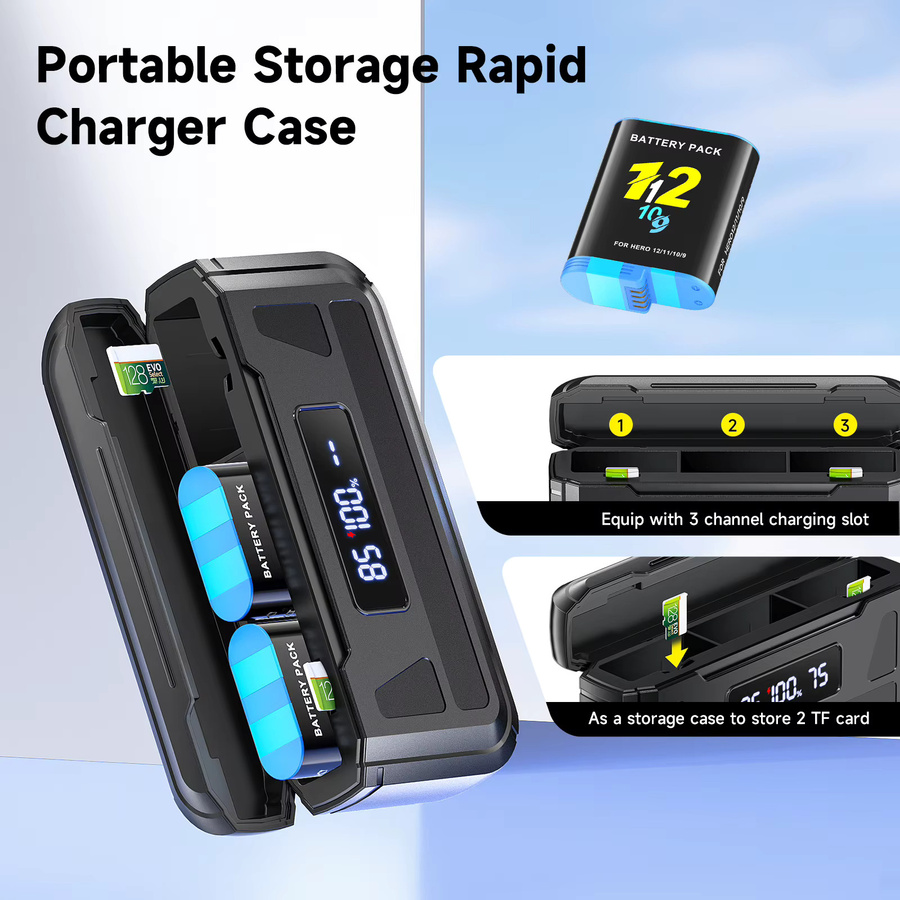 GoPro Akku-Set mit 2000mAh Akkus und Ladegerät für 3 Slots inklusive TF-Karte in Schwarz - Bild 3