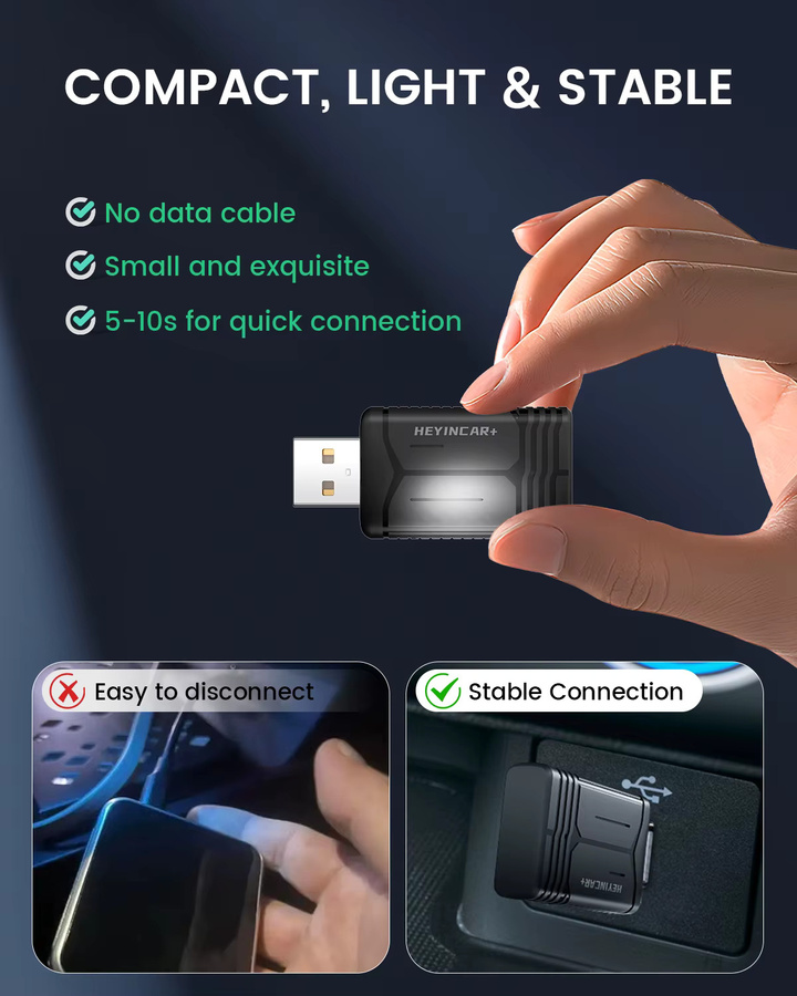 HEYINCAR 2in1 CarPlay und Android Auto Adapter für VW, kabelloser USB-Adapter mit Bluetooth, Schwarz - Bild 4