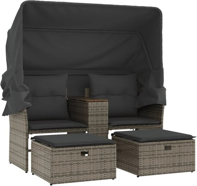vidaXL Gartensofa 2-Sitzer mit Dach und Hockern aus grauem PE-Rattan mit Sitzkissen und Rückenkissen - Bild 1