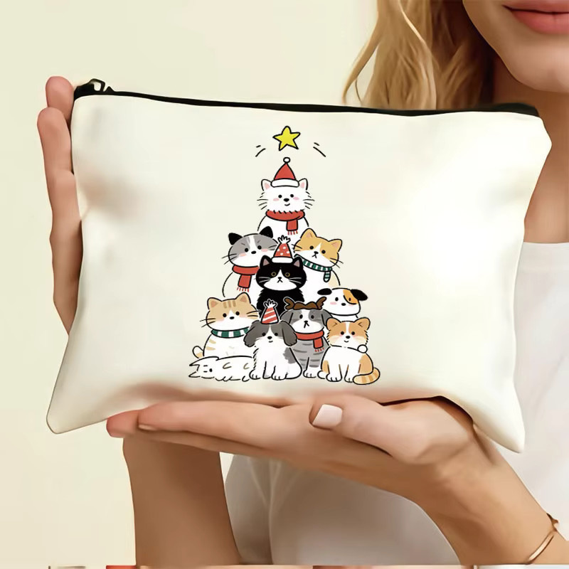 Kreative Leinwand Tasche mit Katzen- und Hundemotiv für Weihnachten als Tragbare Stifte und Zubehör Tasche in Weiß - Bild 2