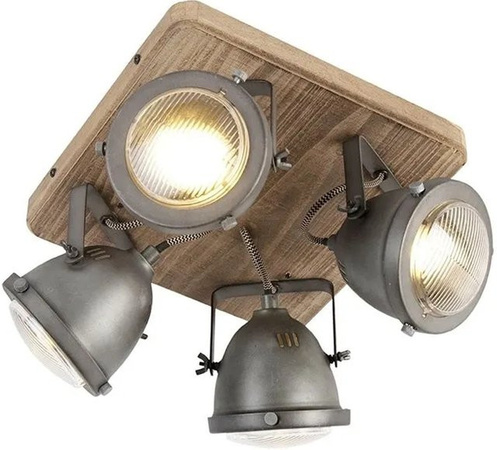 QAZQA IndustrieSpot Emado Wandleuchte aus Stahl und Holz in Grau, 4-flammig, dimmbar und verstellbar