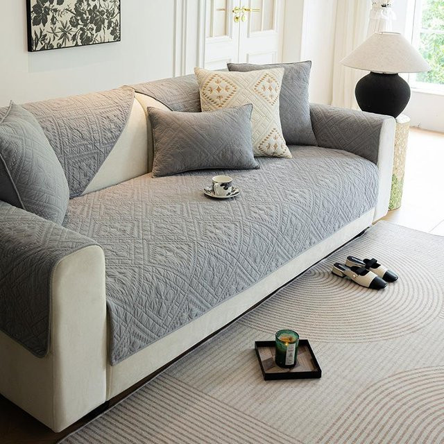 Super Six Sofaauflage aus reiner Baumwolle, grau, rutschfest und minimalistisch mit Stickerei, Breite: 70 cm, Tiefe: 70 cm - Bild 1