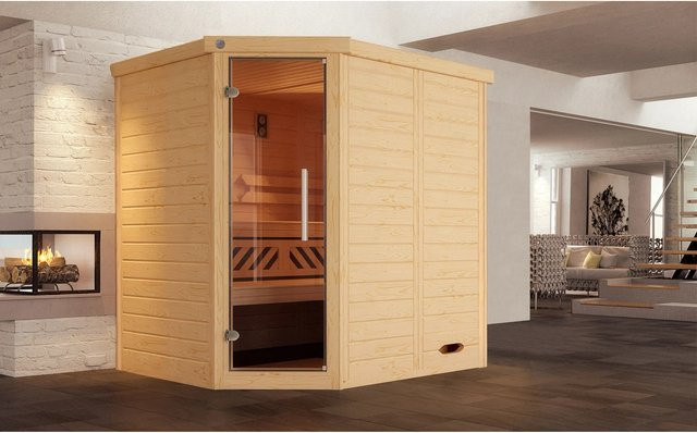 WEKA Massivholzsauna Kemi Ecksauna aus Fichtenholz in Braun mit Sicherheitsglas-Glastür B/H/T: 196 x 200 x 146 cm - Bild 1