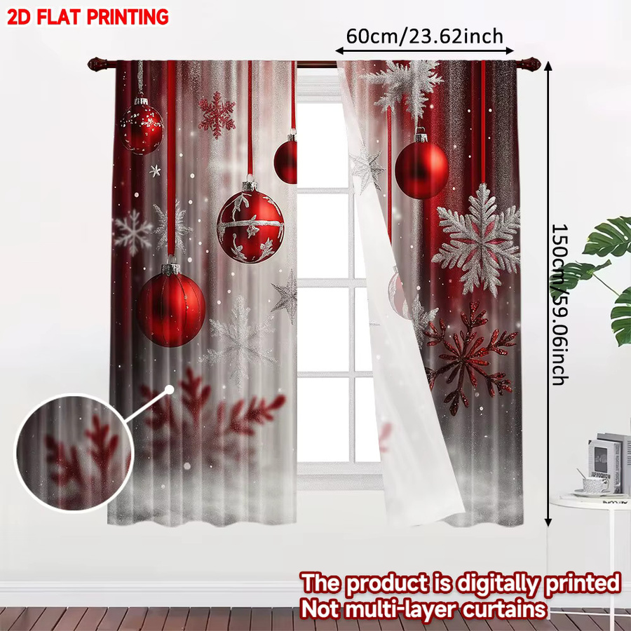 2er-Set Weihnachts-Vorhänge aus Polyester mit roten Ornamenten und Schneeflocken-Design - Bild 2