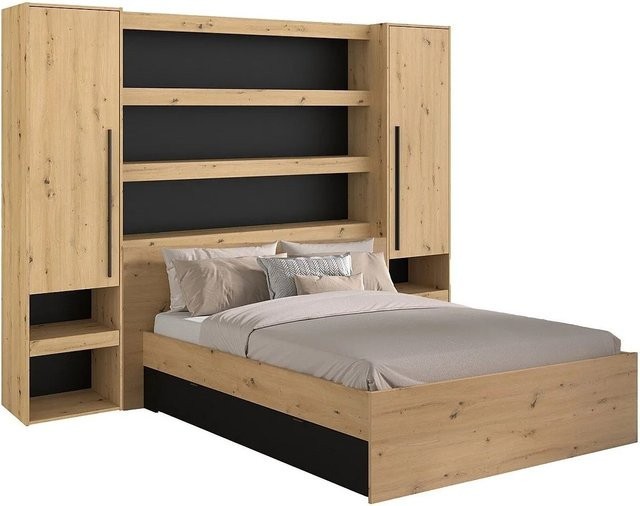 Vente-unique Bettrahmen Varly in Schwarz und Naturfarben Hell aus Holzwerkstoff mit Unterbettbeleuchtung B/T/H: 140 x 190 cm - Bild 1