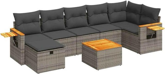 vidaXL 8-teilige Garten-Sofagarnitur in L-Form aus grauem Poly-Rattan mit Kissen und Couchtisch - Bild 1