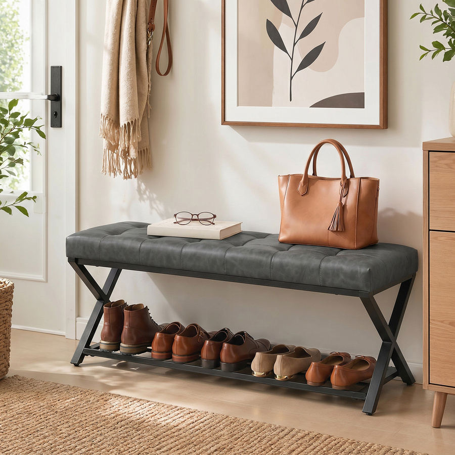 HOMCOM Schuhbank mit Sitzfläche und Schuhregal aus Kunstleder in Dunkelgrau, B/T/H: 112 x 37 x 47 cm - Bild 2
