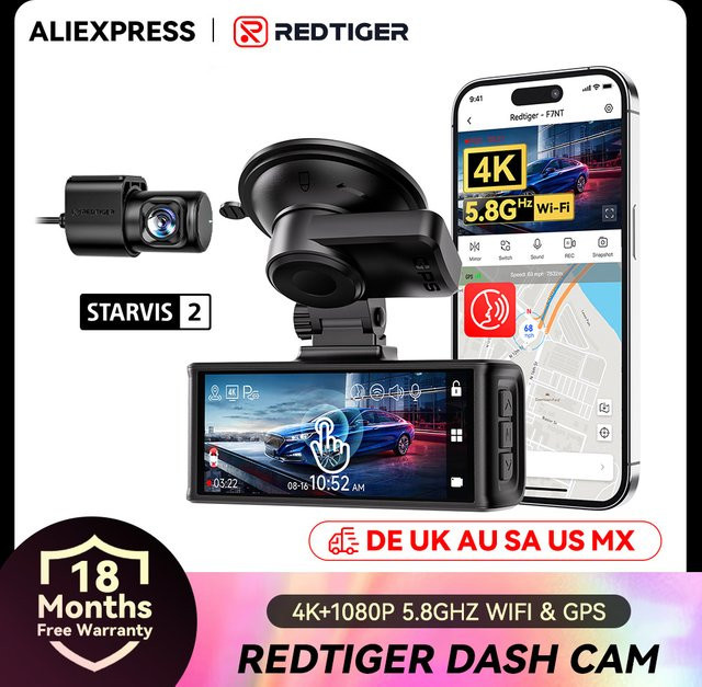 REDTIGER F7N TOUCH 4K Dashcam mit Starvis 2 IMX675, 5,8 GHz WLAN und Nachtsicht, Schwarz - Bild 1