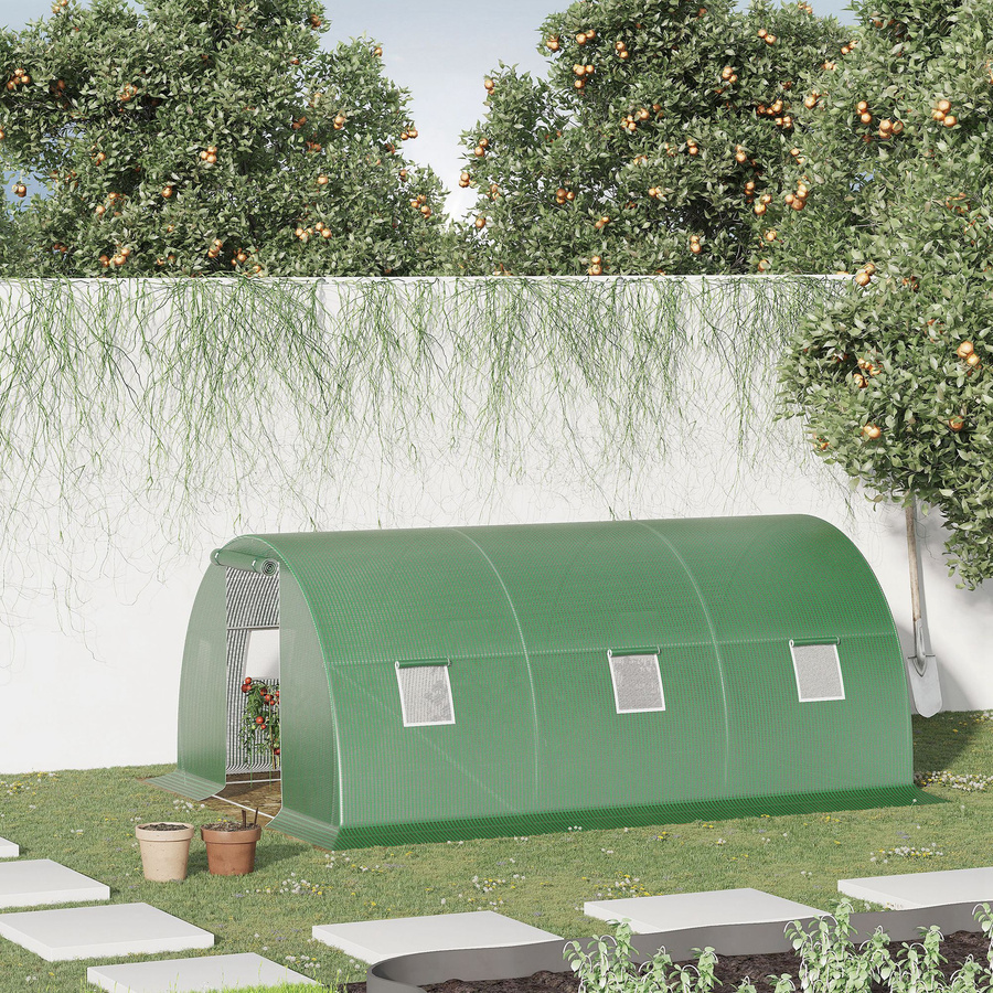 Outsunny Foliengewächshaus Polytunnel dunkelgrün, begehbar mit 6 Fenstern und Frostschutz aus Stahlrohr, B/T: 4,5 x 3 m - Bild 2