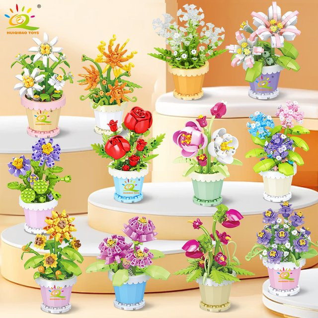 HUIQIBAO Ewige Blume mit Topf, Micro Baustein, DIY Sonnenblume Rose Bouquet, Modell Ziegel Spielzeug - Bild 1