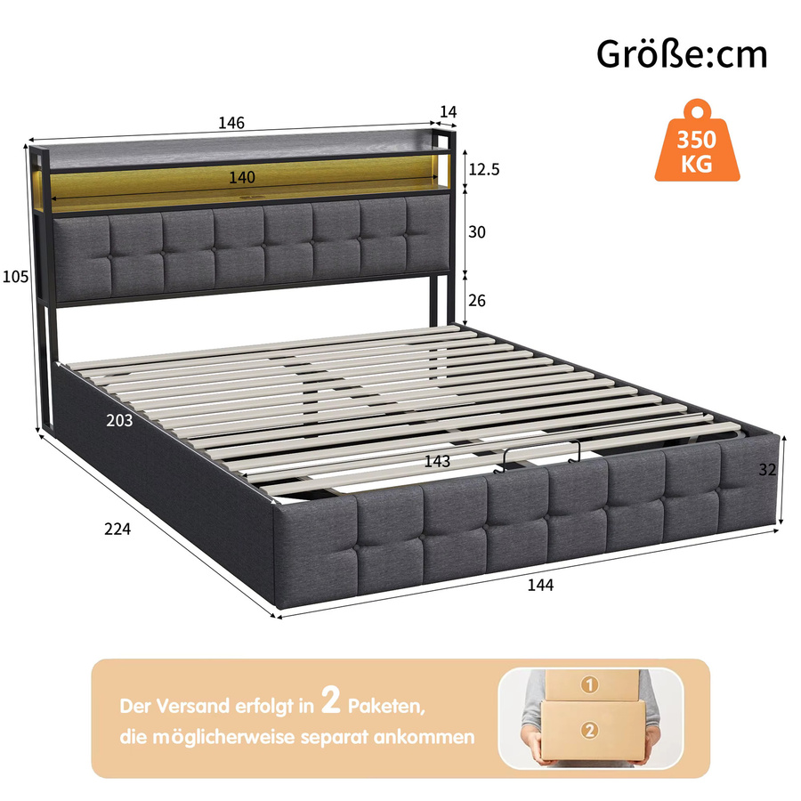 Polsterbett FEEOHOME in Grau mit Staufach und Kopfteil, Doppelbett mit Bettkasten und Hydraulikfunktion, B/T: 140 x 200 cm - Bild 2