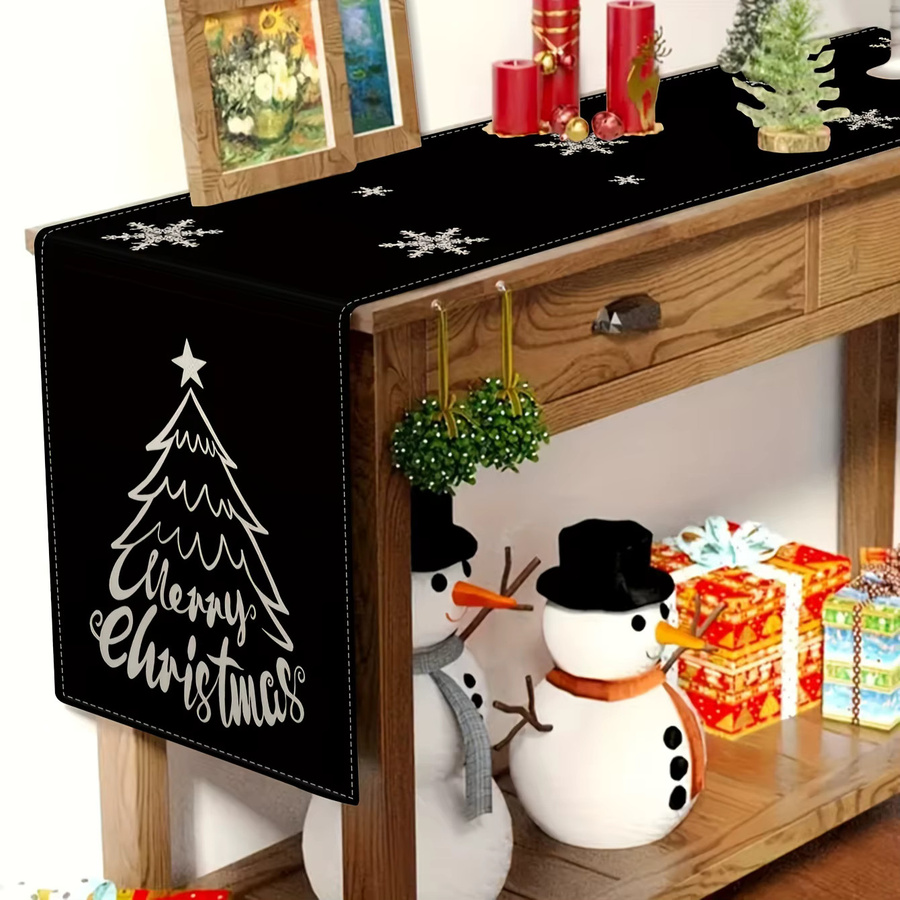 JIT Tischläufer Weihnachtsbaum und Schneeflocken Design, Leinen, Schwarz-Weiß, Rechteckig - Bild 2