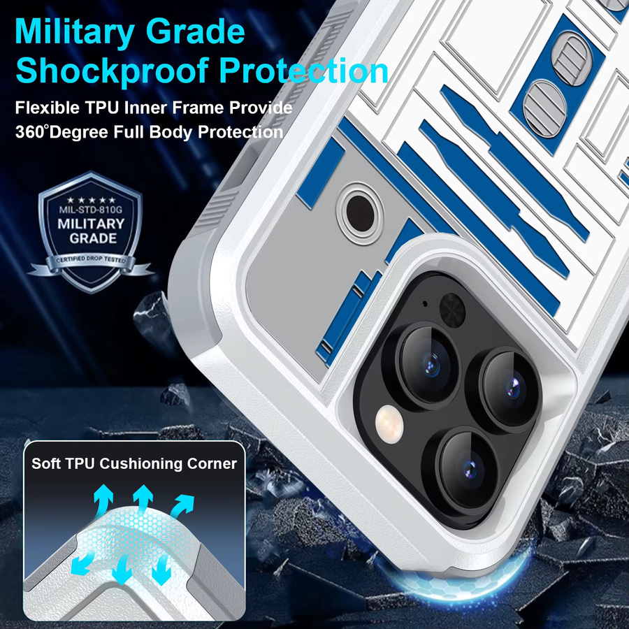 CASE TOWN Schutzhülle R2D2 Astronaut Roboter Dual Layer Stoßdämpfung für iPhone SE2 XS XR 11 12 13 14 15 16 Plus Pro Max, Multicolor - Bild 2