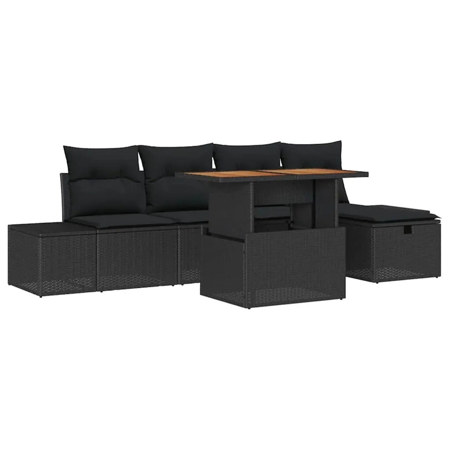 vidaXL Garten-Sofa-Set aus Polyrattan in Schwarz, 6-teilig mit Kissen, 2-Sitzer-Sofa, Ottoman und Couchtisch - Bild 2