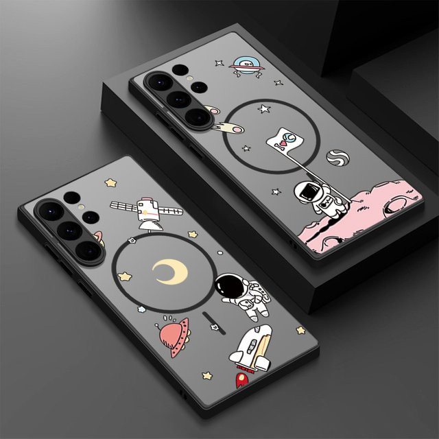 Magnetische Handyhülle mit Cartoon-Astronauten-Muster für Samsung Galaxy S26 S25 S24 S23 Ultra FE, Matte Schutzhülle mit MagSafe Kompatibilität, Schwarz - Bild 1