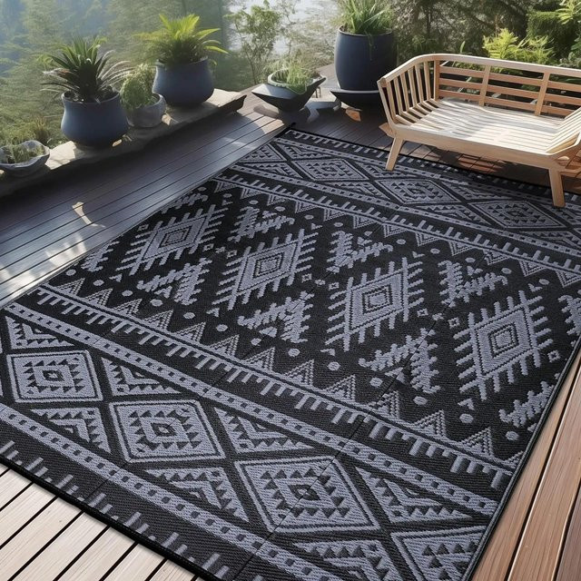 Wucifang Jewelry Boho Retro Teppich Schwarz, Rutschfeste Matte für Innen und Außen, B/B: 50 x 80 cm - Bild 1