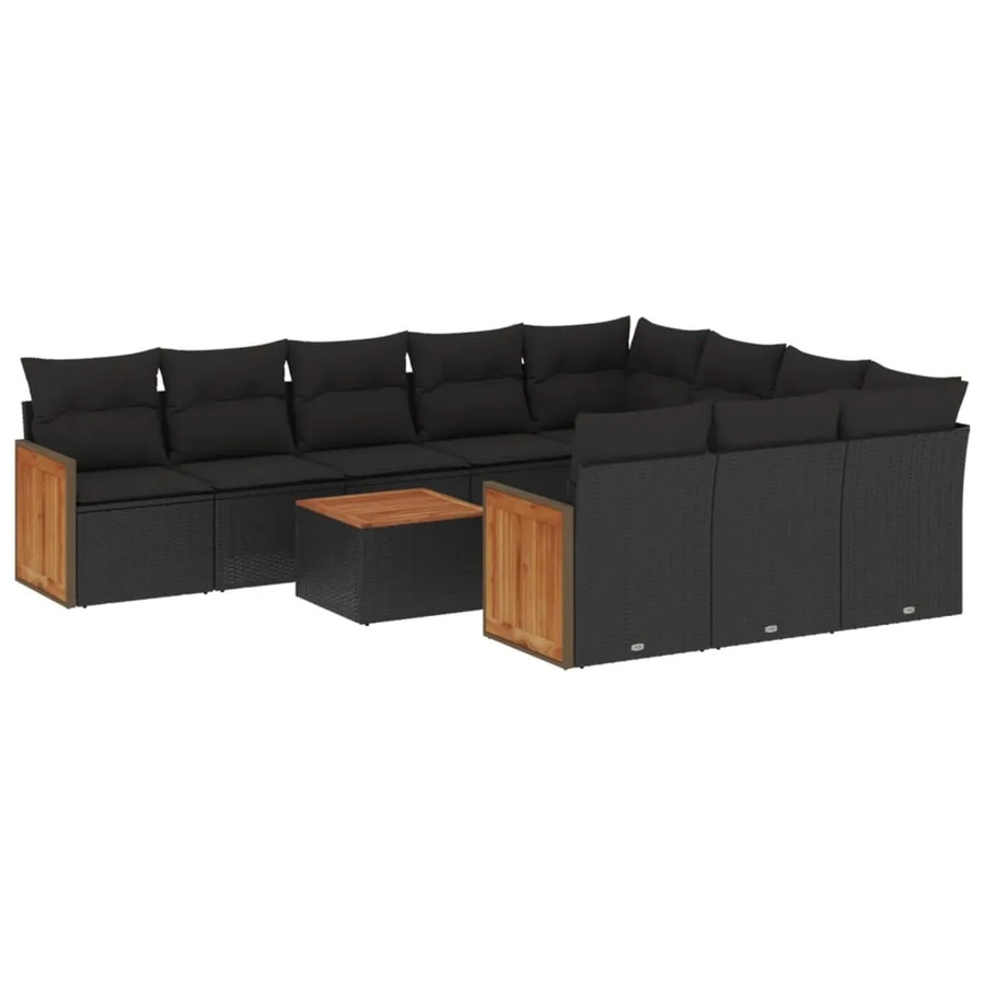 vidaXL 11-teilige Garten-Sofagarnitur in U-Form aus schwarzem Poly-Rattan mit Kissen und Akazienholz - Bild 2