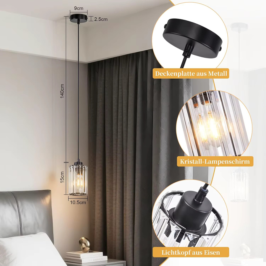 Moderne Kristall Pendelleuchte in Transparent mit schwarzem Metallgestell, 1-flammige Hängelampe für Esstisch, Wohnzimmer, Küche oder Schlafzimmer, E27 Fassung (ohne Leuchtmittel) - Bild 3