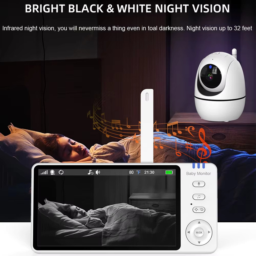 Cdycam Video-Babyphone mit 5-Zoll-Display in Weiß, Babyphone ohne WLAN mit Kamera, Audio, Nachtsicht und 2-Wege-Gespräch sowie Schwenk-, Neige- und Zoom-Funktion - Bild 2