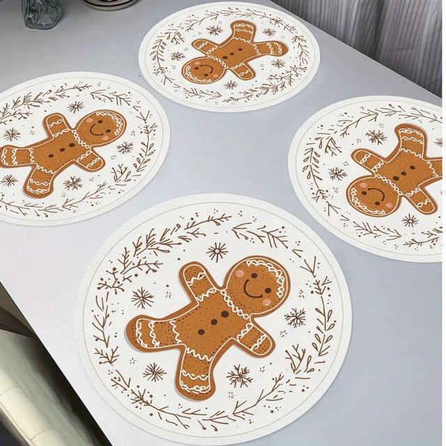 VIKAMA 4-teiliges Weihnachts-Tischset mit Lebkuchenmann-Muster, rund, rot und weiß - Bild 1