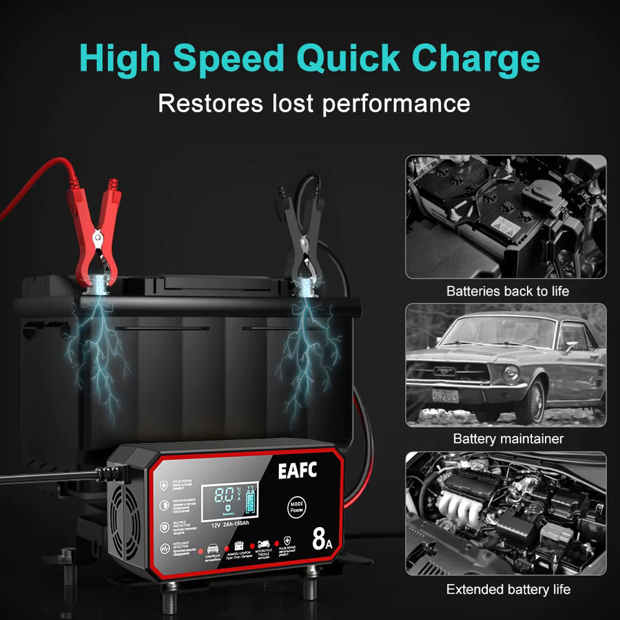 EAFC 8A 12V Smart Car Battery Charger mit Pulse Repair für Blei-Säure- und LiFePO4-Batterien, Schwarz - Bild 3