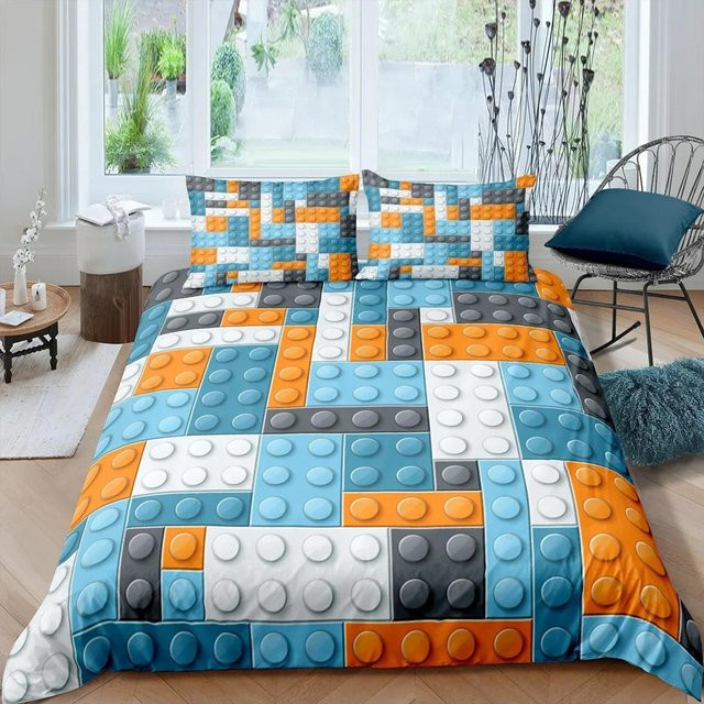 Bettwäsche Set mit Baustein Spielzeug Motiv in Orange, Blau und Multicolour, KingQueen Kinderbettwäsche aus Polyester und Mikrofaser, B/H: 135 x 200 cm - Bild 1