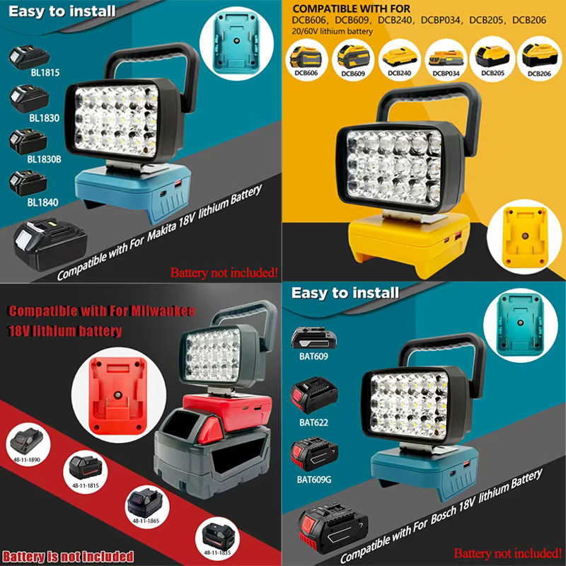 Dawupine USB Power Bank Arbeitslampe als LED-Flutlicht für Makita, Milwaukee, Dewalt und Bosch M18 Akkus, Schwarz - Bild 3