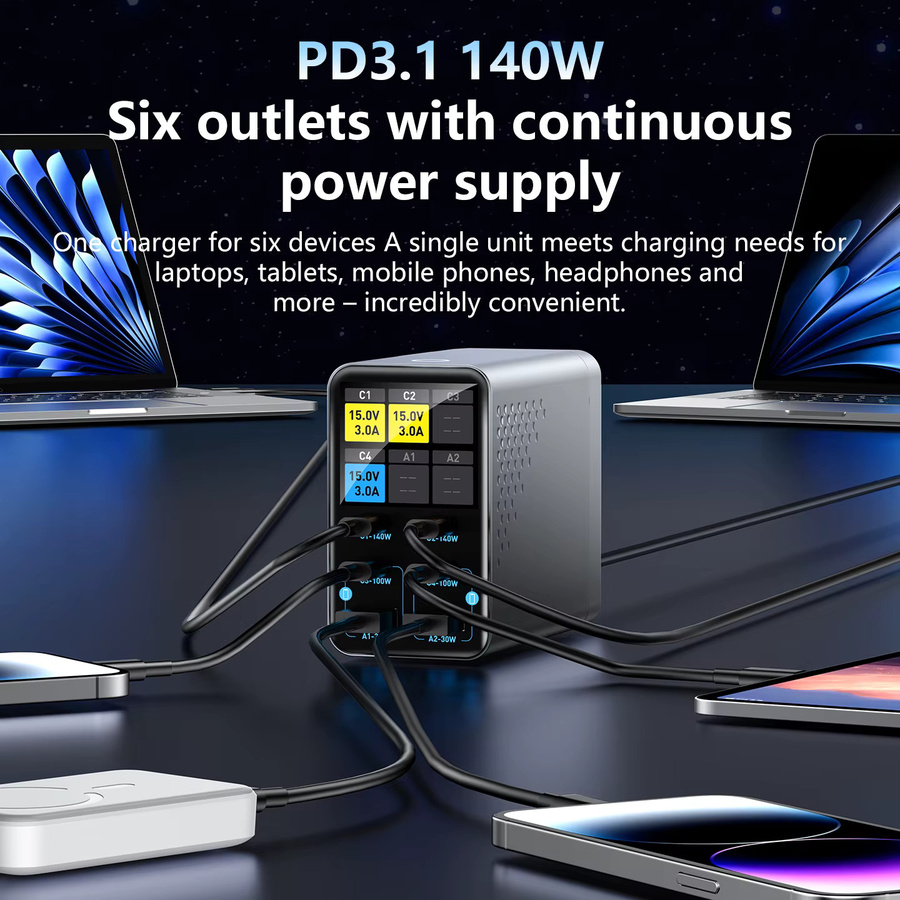 Deepartner 140W GaN Smart Multi-Port Desktop-Ladegerät mit digitaler Anzeige für Handys und Tablets - Bild 3