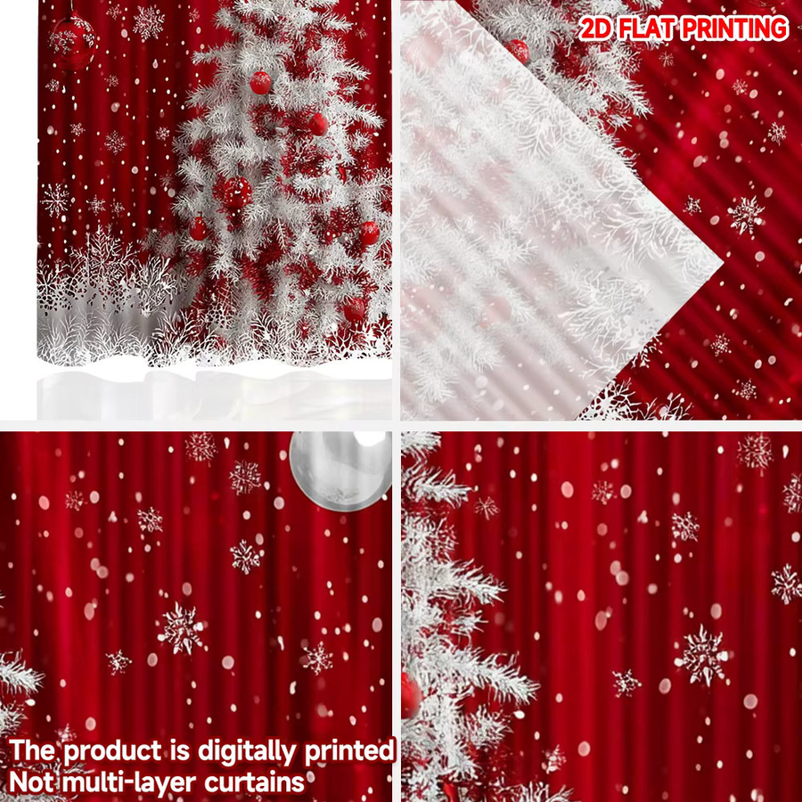 Set aus 2 weihnachtlichen Polyester-Vorhängen mit weißem Baum-Motiv in Weiß und Rot, semi-transparent und modern gestaltet - Bild 4
