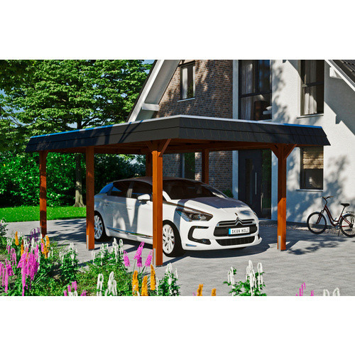Skan Holz Carport Wendland in Nussbaum mit Alu-Dach und Blende in Schwarz, B/T: 362 x 628 cm, Firsthöhe: 243 cm - Bild 2